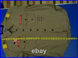 100%auth A Bathing Ape Bape Patched Boy Scout Work World Gone Mad Button Shirt L