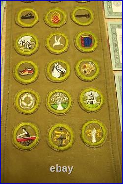 1939-40 EAGLE BOY SCOUT 33 MERIT CRIMP BADGE PATCH ON SASH With ISSUE CARDS