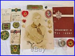 1950's BOY SCOUT MEMORABILIA with PHOTO, PATCHES, BADGES, CARDS, PINS, COMPASS, etc