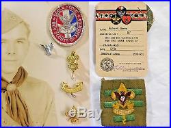 1950's BOY SCOUT MEMORABILIA with PHOTO, PATCHES, BADGES, CARDS, PINS, COMPASS, etc