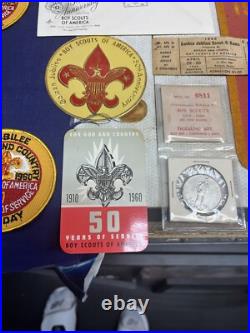 1960 BSA 50th Anniversary Boy Scout Lot Silver Coin, Patches Felt 1937 Book Rare 1960 BSA 50th Anniversary Boy Scout Lot Silver Coin, Patches Felt 1937 Book Rare