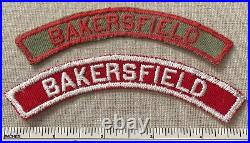 2 VTG BAKERSFIELD Boy Scout Khaki & Red & White Community Strip PATCHES RWS KRS