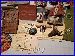 70 Items- 60's Boy Scout & Master Lot Compass, patches, neck slides, Den Book