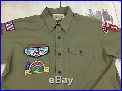 BOY SCOUTS Vtg Khaki L/S Uniform Shirt, Order Of Arrow Sash, Patches, Sz Large