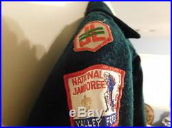 BSA BOY SCOUTS GREEN WOOL SHIRT JACKET 37 PATCHES/BADGES VINTAGE Merit sash cap
