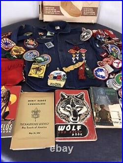 BSA Boy Scout Cub Scout Items 100+ Assorted Patches Chukka Pins Books Shirt