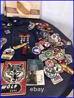 BSA Boy Scout Cub Scout Items 100+ Assorted Patches Chukka Pins Books Shirt