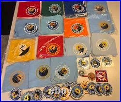 BSA Lake Of Isles Lot neckerchief slide patches stickers Staff 1969 1970s Rare BSA Lake Of Isles Lot neckerchief slide patches stickers Staff 1969 1970s Rare