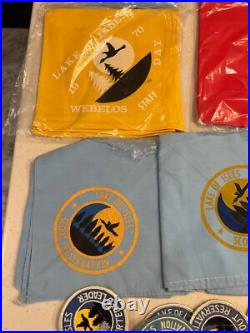 BSA Lake Of Isles Lot neckerchief slide patches stickers Staff 1969 1970s Rare BSA Lake Of Isles Lot neckerchief slide patches stickers Staff 1969 1970s Rare