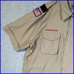 BSA shirt mens L tan vented short sleeve button down microfiber den leader patch