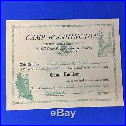 Boy Scout 1936 Camp Washington Felt Patch & Camp Emblem Certificate Norfolk VA