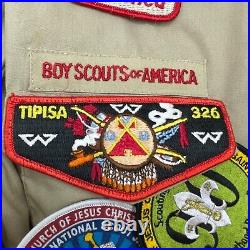 Boy Scout BSA UNIFORM SHIRT Men's LARGE Short Sleeve Tan 16-16.5 with Patches