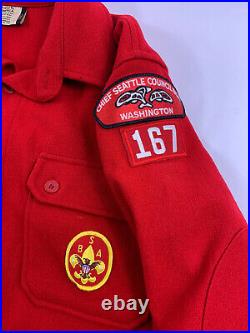 Boy Scout of America Red Wool Shirt Coat Official Jacket Patches VTG BSA Large