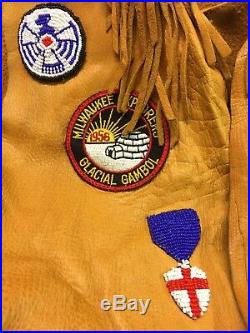Boy Scouts- 1950's era rawhide leather vest with lots of patches & beadwork