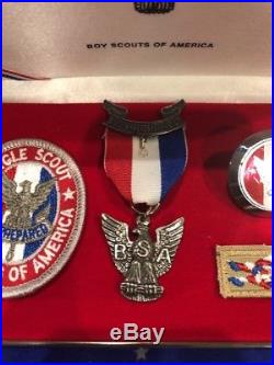 Eagle Scout Medal Ribbon, Patches, Scarf, Neckerchief, Slide in Box BSA