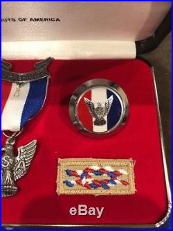 Eagle Scout Medal Ribbon, Patches, Scarf, Neckerchief, Slide in Box BSA