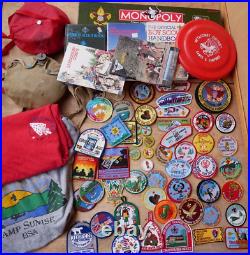 Huge Lot BSA Boy Scout 55+ Patches Books Monopoly Frisbee Shirts Books Scouts