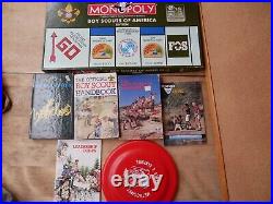 Huge Lot BSA Boy Scout 55+ Patches Books Monopoly Frisbee Shirts Books Scouts