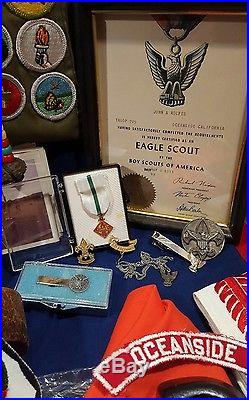 Huge Named Boy Scout Collection 60's 70's patches sach awards pins letter & more