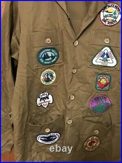 Rare Vintage Boy Scout Leader Safari Shirt Jacket 1970s with Patches In Size L