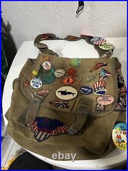 VINTAGE 70s MILITARY RUCKSACK BAG WITH PATCHES BOY SCOUT BAG