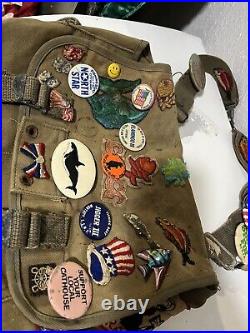 VINTAGE 70s MILITARY RUCKSACK BAG WITH PATCHES BOY SCOUT BAG