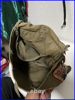 VINTAGE 70s MILITARY RUCKSACK BAG WITH PATCHES BOY SCOUT BAG