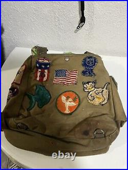 VINTAGE 70s MILITARY RUCKSACK BAG WITH PATCHES BOY SCOUT BAG