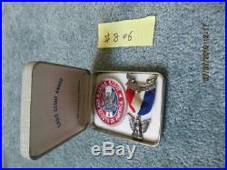 VINTAGE BSA Award Boy Scout STERLING Robbins 4 Eagle Medal, Case & Patch MINT