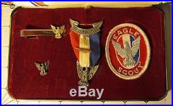 VINTAGE BSA Award Boy Scout STERLING Stange 3 Eagle Medal, Palm, Case Patch RARE