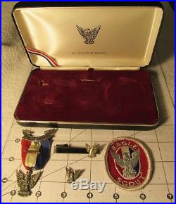VINTAGE BSA Award Boy Scout STERLING Stange 3 Eagle Medal, Palm, Case Patch RARE