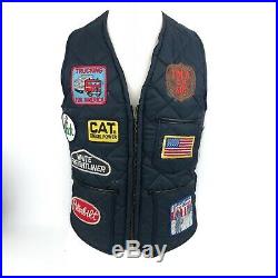 VINTAGE Blue Puffer Vest With Patches Sz S Boys Scout Peterbilt Mack Cat USA Many