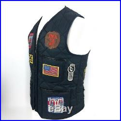 VINTAGE Blue Puffer Vest With Patches Sz S Boys Scout Peterbilt Mack Cat USA Many