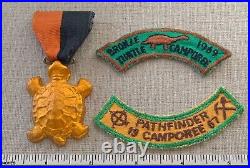 VTG 1960s BRONZE TURTLE Boy Scout Camporee MEDAL & PATCHES Pathfinder Camp Trail
