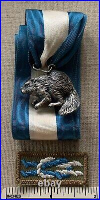 VTG 1960s SILVER BEAVER Boy Scout MEDAL & SQUARE KNOT PATCH Ribbon BSA Sterling