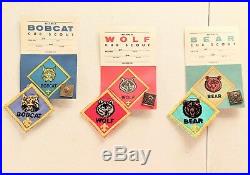 VTG Lot of Cub Scout BSA Rank Patches and Pins Wolf Bobcat Bear Award Card