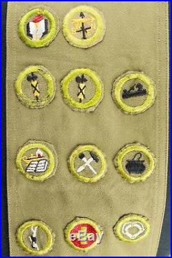 Vintage 1930's Boy Scouts of America Sash with 11 Merit Badges Troop Patches Green