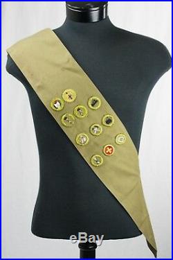 Vintage 1930's Boy Scouts of America Sash with 11 Merit Badges Troop Patches Green