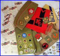 Vintage 1940s BSA Boy Scouts Uniform Badges Sash Ring Patches Cards Pins Lg Lot