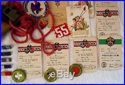 Vintage 1940s BSA Boy Scouts Uniform Badges Sash Ring Patches Cards Pins Lg Lot