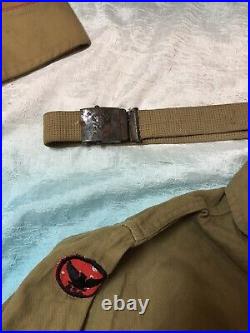 Vintage 1940s Boy Scout Lot Button Up Shirt w Belt Sash Patches Hat Scout Book
