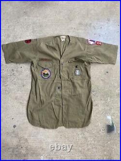 Vintage 1950's BSA Boy Scouts of America Patches on Green Cotton Buttonup Shirt