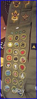 Vintage 1950's Boy Scout Trunk Lot Sash Patches Badges Uniforms Tools Beads Etc