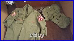 Vintage 1950's Boy Scout Trunk Lot Sash Patches Badges Uniforms Tools Beads Etc