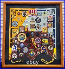 Vintage 1990's Lot Cub Scout Patches Pins Belt Scarf Medals Shadow Box Wall Art Vintage 1990's Lot Cub Scout Patches Pins Belt Scarf Medals Shadow Box Wall Art