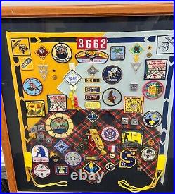 Vintage 1990's Lot Cub Scout Patches Pins Belt Scarf Medals Shadow Box Wall Art Vintage 1990's Lot Cub Scout Patches Pins Belt Scarf Medals Shadow Box Wall Art