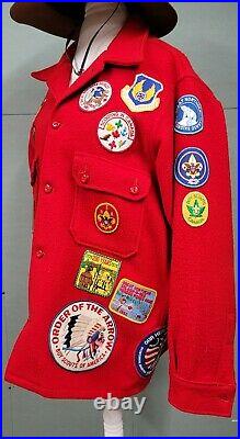 Vintage 70s Red Wool Boy Scouts of America Coat/Jacket w Patches/Leader Hat 7.5
