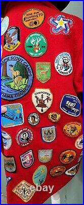 Vintage 70s Red Wool Boy Scouts of America Coat/Jacket w Patches/Leader Hat 7.5