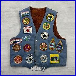 Vintage 80s Boy Scouts Uniform Vest Mens Medium Blue Denim Patches Merit Badge