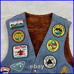 Vintage 80s Boy Scouts Uniform Vest Mens Medium Blue Denim Patches Merit Badge